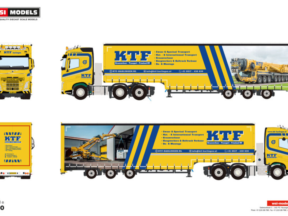 WSI WSI Volvo FH4 Globetrotter 6x2 met 3-as semi zeilenoplegger KTF HARLINGEN