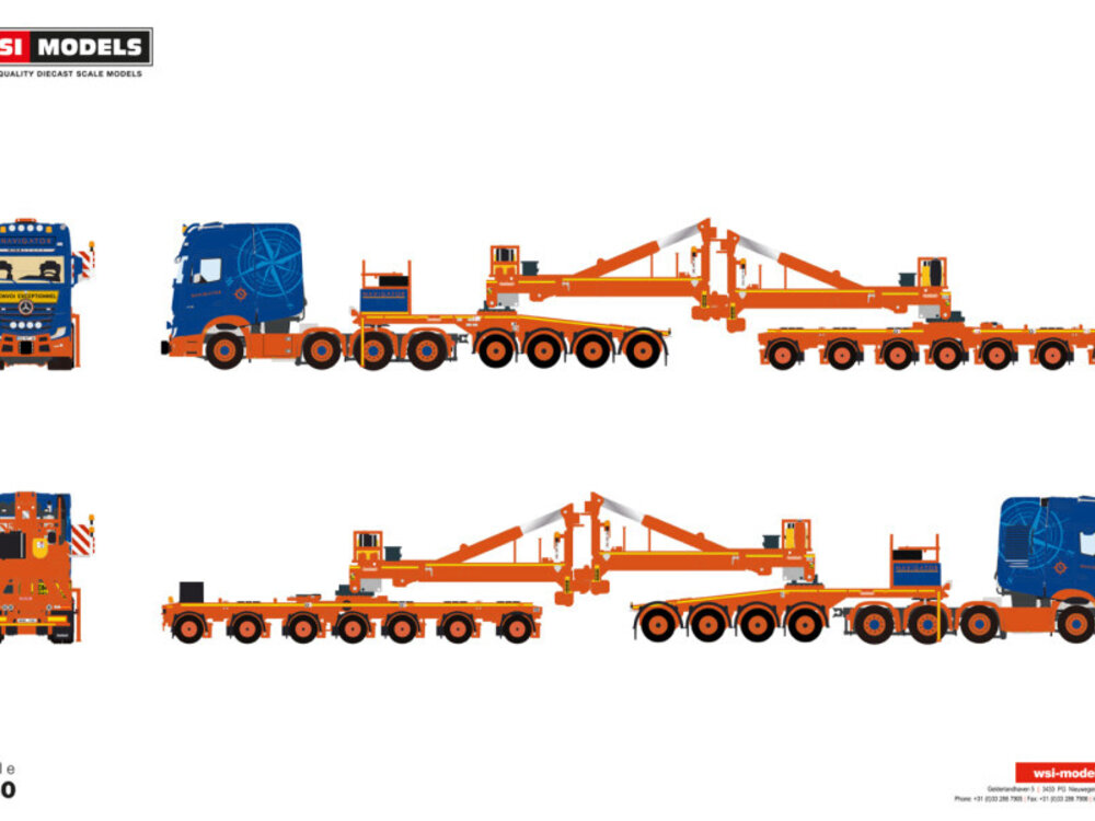 WSI WSI Mercedes-Benz Arocs MP5 Giga Space 8x4  with 7-axle wind mill trailer + 4-axle dolly NAVIGATOR TRANSPORT