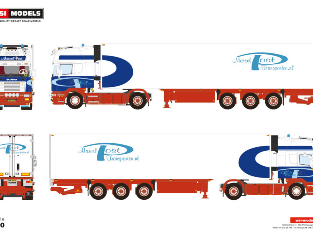 WSI WSI Scania 4-serie Topline 4x2 with 3-axle reefer trailer MARCEL POST