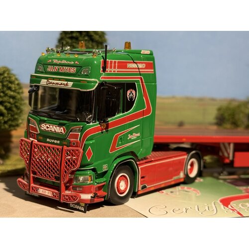 Tekno Tekno Scania Next Gen 520S Highline met 3-assige vlakke trailer JAN MUES