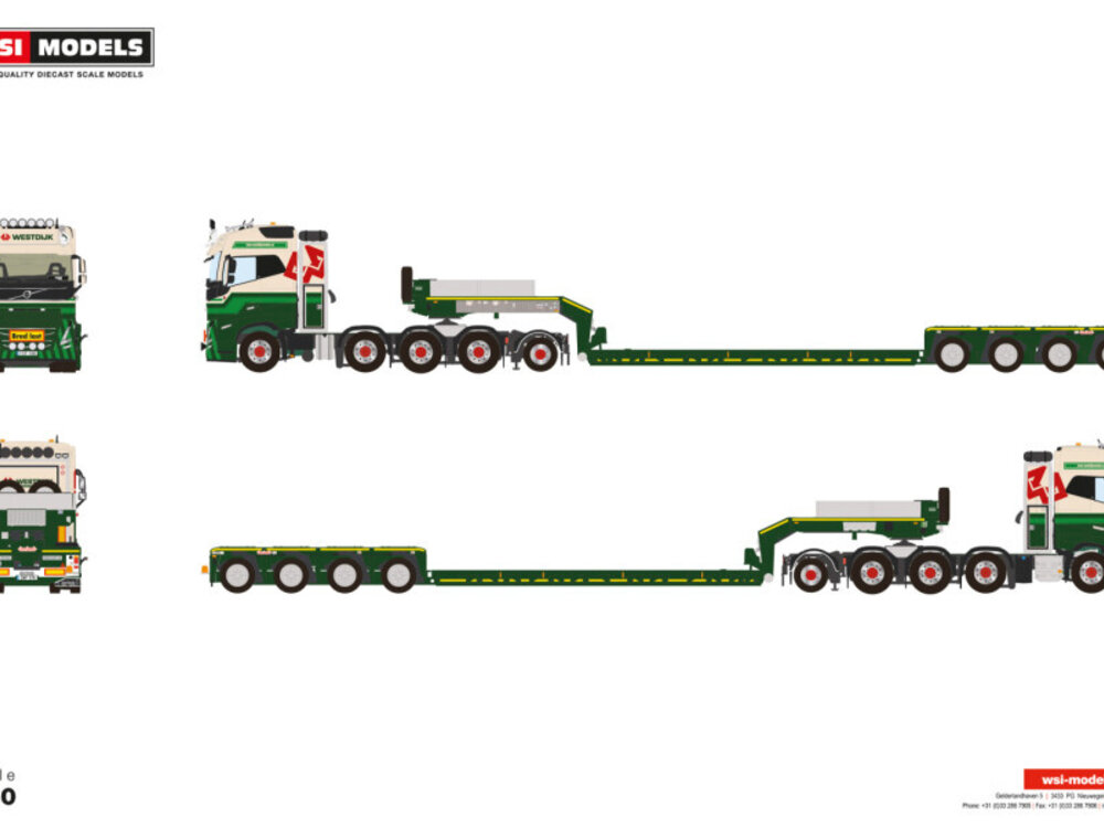 WSI WSI Volvo FH5 Globetrotter 8x4 with 4-axle  add on axle euro PX low loader WESTDIJK SE