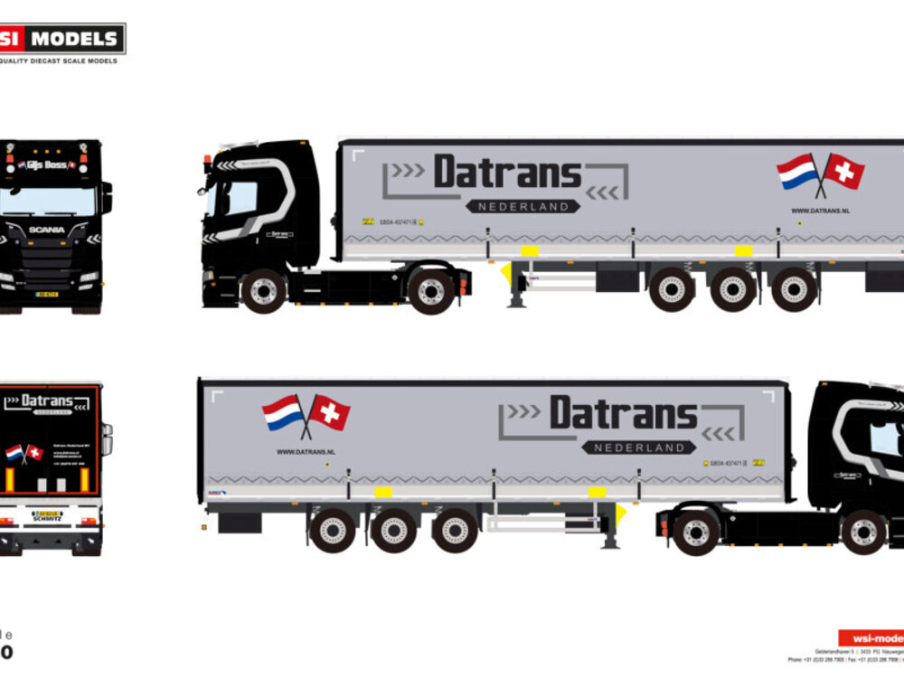 WSI WSI Scania S Highline 4x2 met 3-as schuifzeilen oplegger DATRANS "GIJS BOSS"