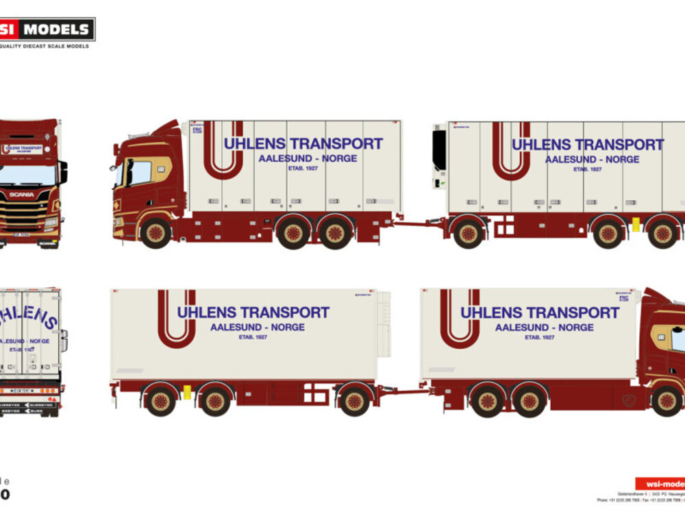 WSI WSI Scania R Highline riged reefer truck 6x2 with 3-axle reefer trailer UHLENS