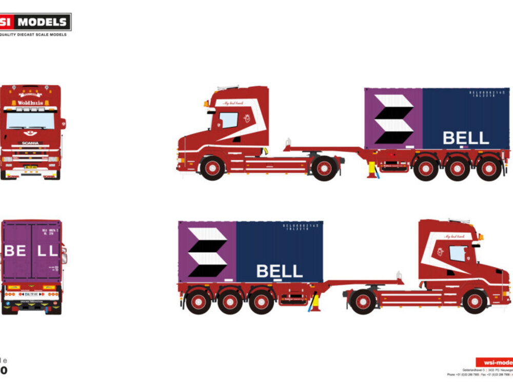 WSI WSI Scania 4-serie Torpedo with container trailer + 20ft. container WOLDHUIS TRANSPORT