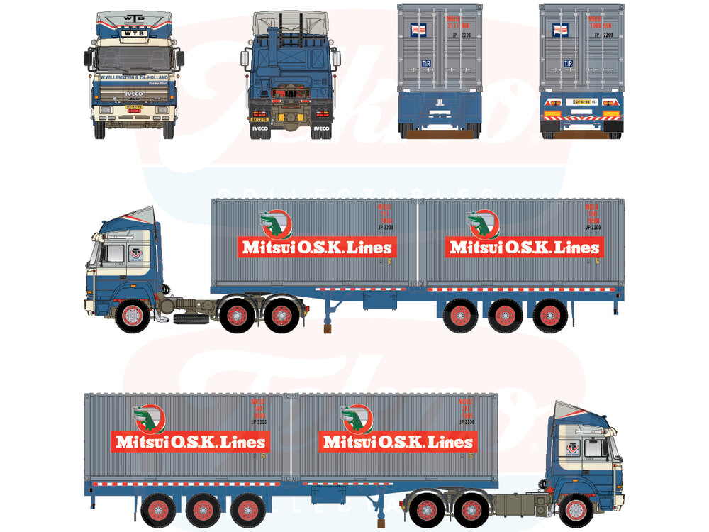 Tekno Tekno Iveco Turbostar 6x2 trekker met 3 assige containeroplegger met 2x 20ft. WTB