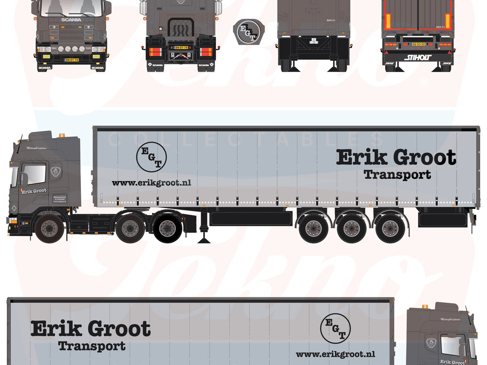 Tekno Tekno Scania 4-serie Topline 6x2 trekker met 3-assige schuifzeilenoplegger ERIK DE GROOT TRANSPORT