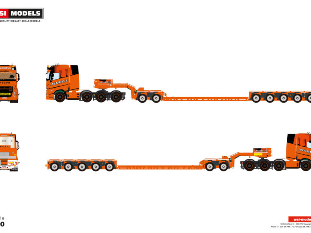 WSI WSI Volvo FH5 Globetrotter XL 8x4 met 5-assige dieplader + 2-assige dolly MARTLE