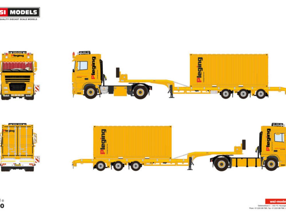 WSI WSI DAF XF 95 Space Cab 4x2  with 3-axle lowloader + 20ft container PLEGING