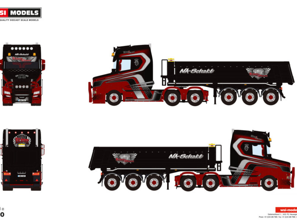 WSI WSI Scania Vlastuin Torpedo 6x2 met  3-assige half pipe kipper trailer NA SCHAKT
