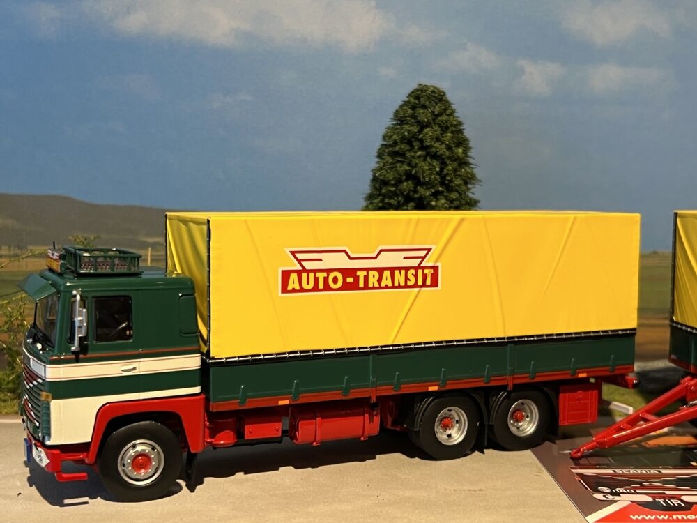 Tekno Tekno Scania 140 motorwagen met 2-assige huifaanhanger KARLSSON - AUTOTRANSIT