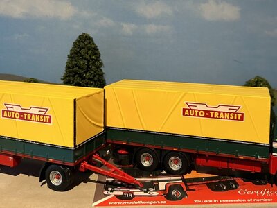 Tekno Tekno Scania 140 motorwagen met 2-assige huifaanhanger KARLSSON - AUTOTRANSIT