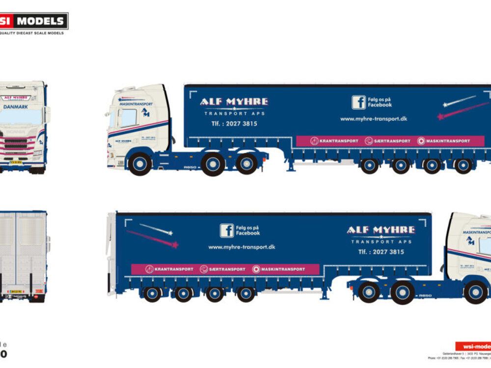 WSI WSI Scania R Highline 6x2 met 4-as schuifzeilen oplegger + oprijplaten ALF MYHRE