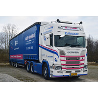 WSI Scania R Highline 6x2 met 4-as schuifzeilen oplegger + oprijplaten ALF MYHRE
