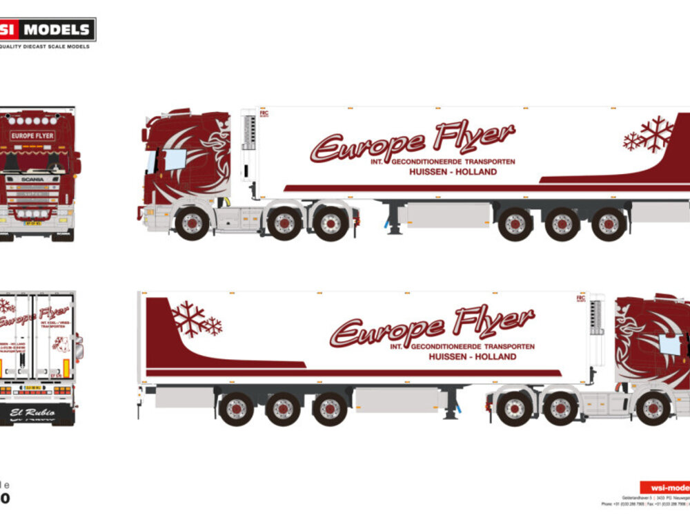 WSI WSI Scania 4-serie Topline 6x2 met 3-assige koeloplegger EUROPE FLYER