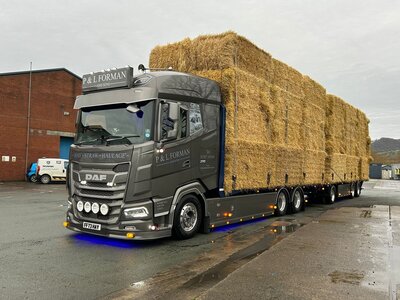 Tekno Tekno DAF XF motorwagen met vlakke aanhanger geladen met lading stro P&L FORMAN