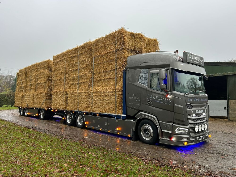 Tekno Tekno DAF XF motorwagen met vlakke aanhanger geladen met lading stro P&L FORMAN