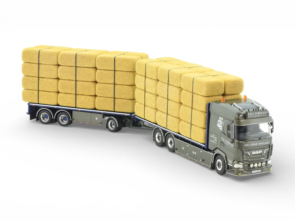 Tekno Tekno DAF XF riged truck with flatbed trailer loaded with straw P&L FORMAN