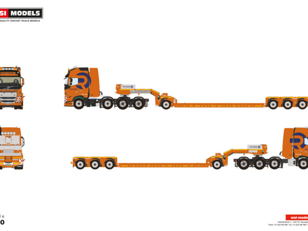 WSI WSI Volvo FH5 Globetrotter XL 8x4 met 3-assige dieplader + 1-assige dolly ROLF RIEDEL