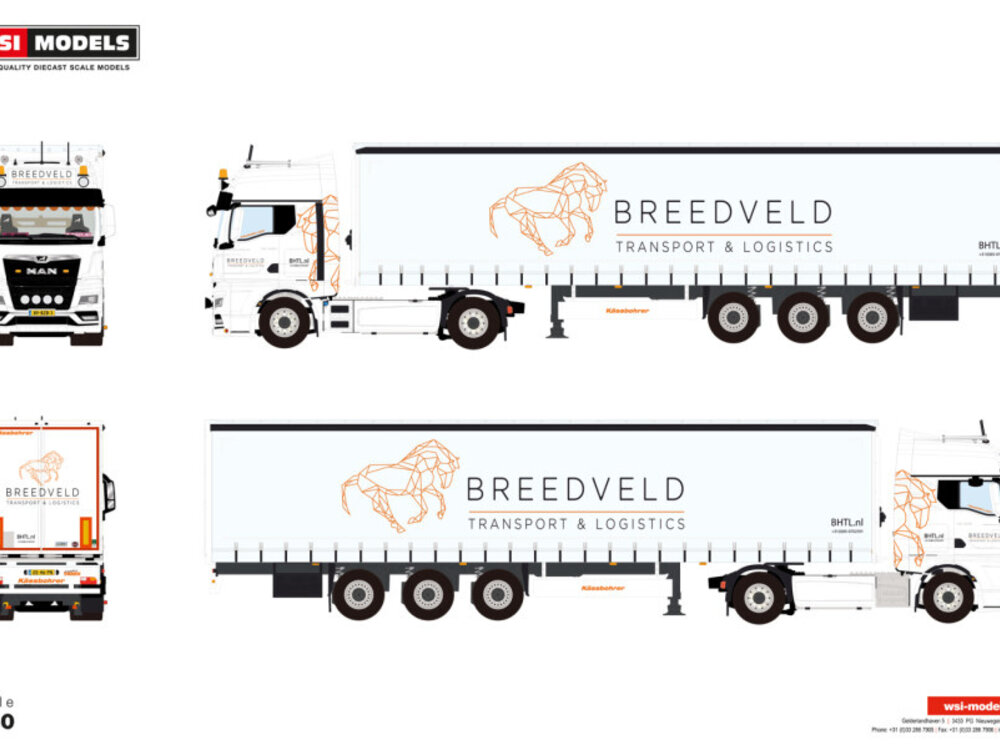 WSI WSI MAN TGX GX 4x2 met 3-assige schuifzeilen oplegger BREEDVELD TRANSPORT