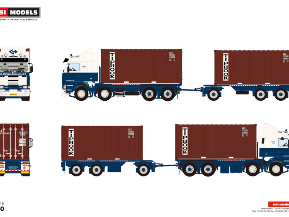 WSI WSI Scania 3-serie 8x2 with 7-axle combi container frame truck + 2x 20ft container C. GROENENBOOM