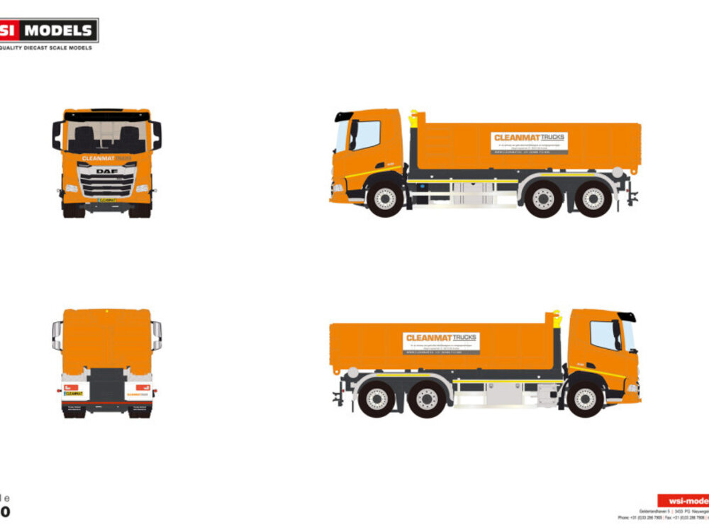 WSI WSI Daf XD DL 6x2 motorwagen met haakarm systeem + 15m3 container CLEANMAT TRUCKS