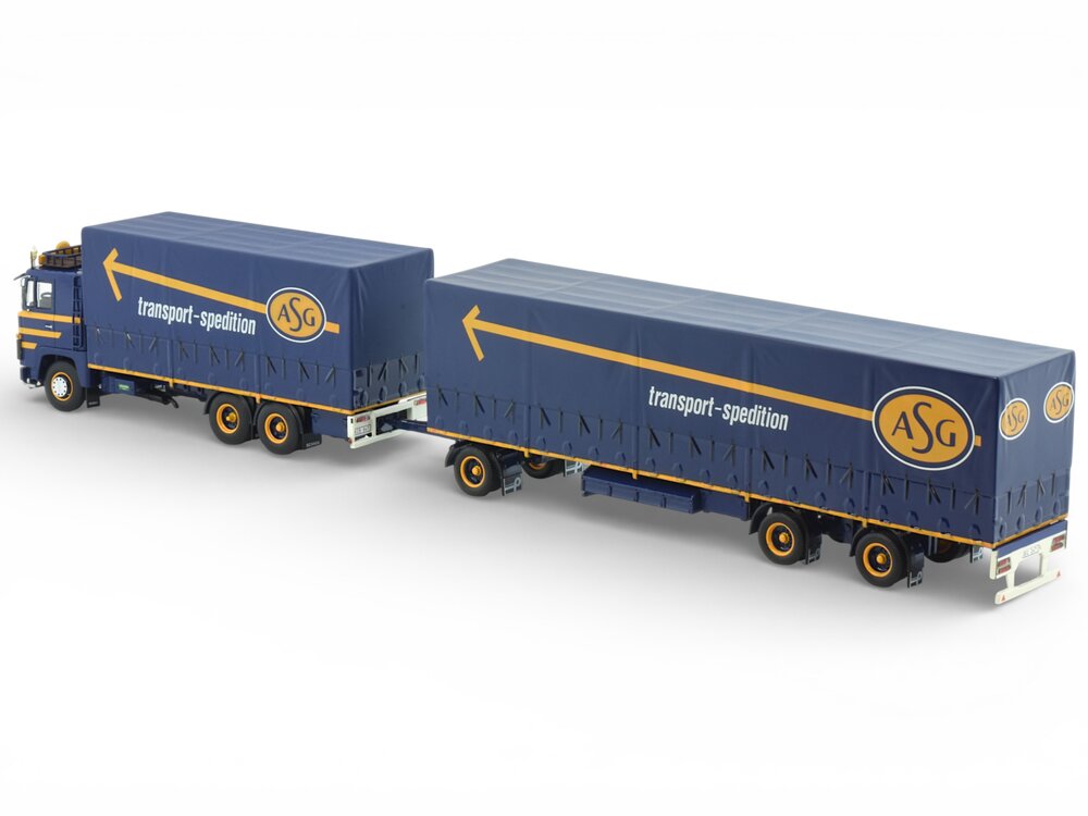 Tekno Tekno Scania 141 motorwagen met 2-assige Zweedse (resin) trailer - Verpakt in luxe ASG giftbox ASG - SIGURDSSON