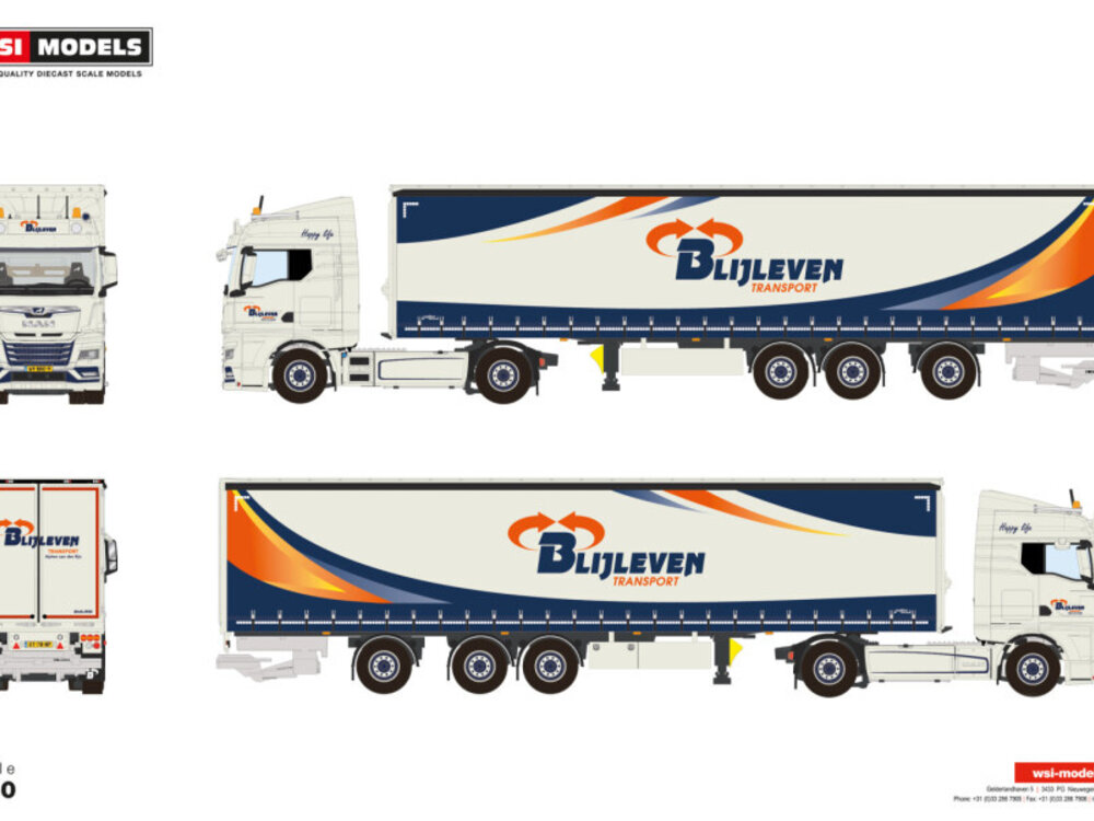 WSI WSI MAN TGX GM 4x2 met 3-assige tridec schuifzeilen oplegger BLIJLEVEN TRANSPORT