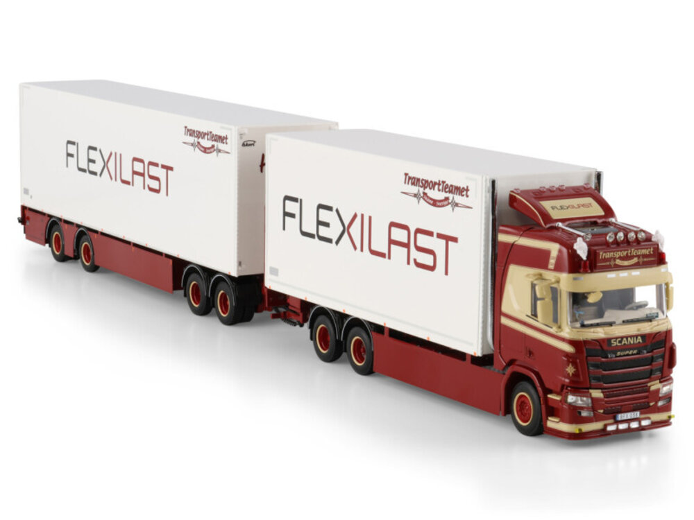 WSI WSI Scania R Highline riged box truck 6x2 tag axle box trailer with 4-axle box trailer TRANSPORTTEAMET (FLEXILAST)