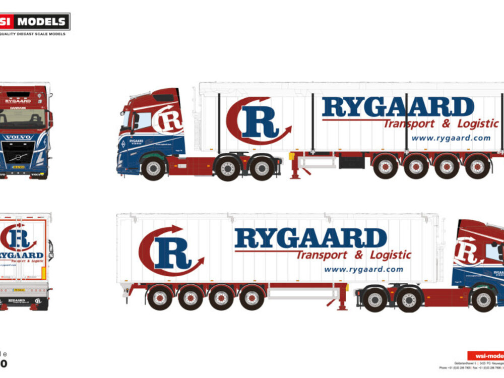 WSI WSI Volvo FH Aero Globetrotter 6x2 met 4-assige verplaatsbare vloer oplegger RYGAARD