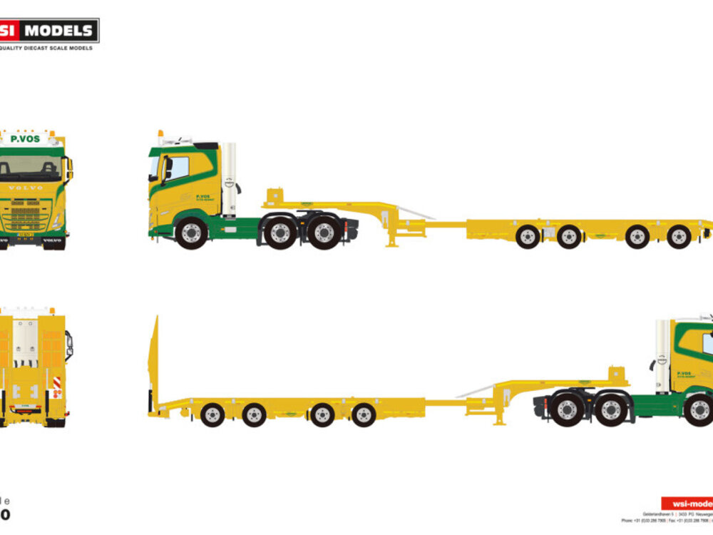 WSI WSI Volvo FH5 sleeper cab  6x2 met 4-assige semi wheel well dieplader P. VOS