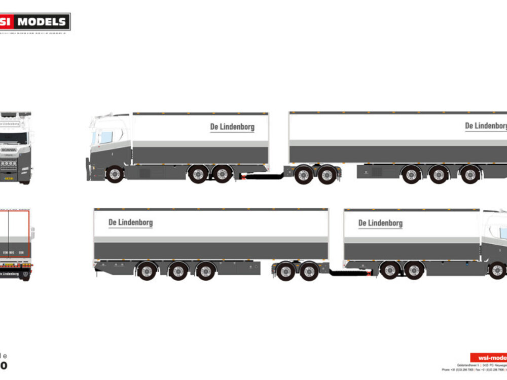 WSI WSI Scania R Highline 6x2 riged reefer truck with reefer trailer + LZV dolly low DE LINDENBORG