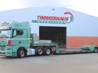WSI WSI MAN TGX GX 6x2 with 2-axle euro PX Lowloader + wooden box with top seal TIMMERHAUS