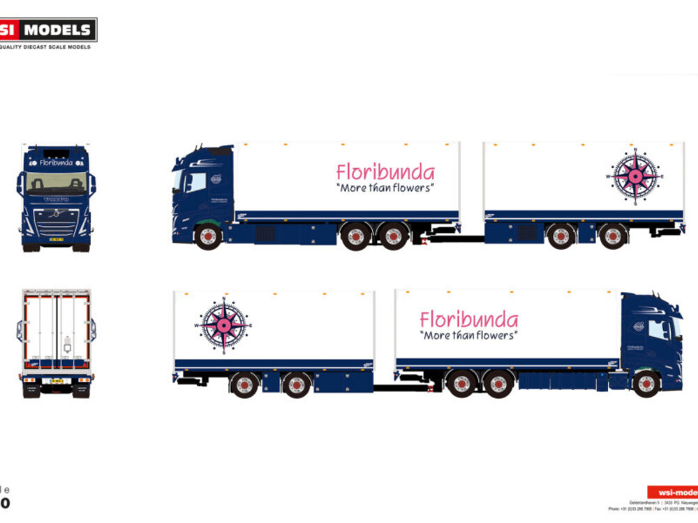 WSI WSI Volvo FH5 Globetrotter XL 6x2 5-axle riged reefer truck + drawbar trailer FLORIBUNDA