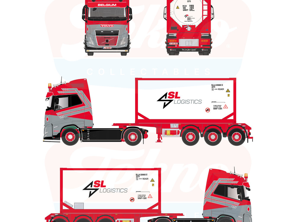 Tekno Tekno Volvo FH Aero 500 4x2 met 3-assig chassis en ISO Tankcontainer SL LOGISTICS