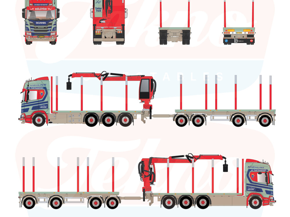 Tekno Tekno Scania NGR Highline 8x4 houtcombi met 4-assige aanhanger JAN HANSEN