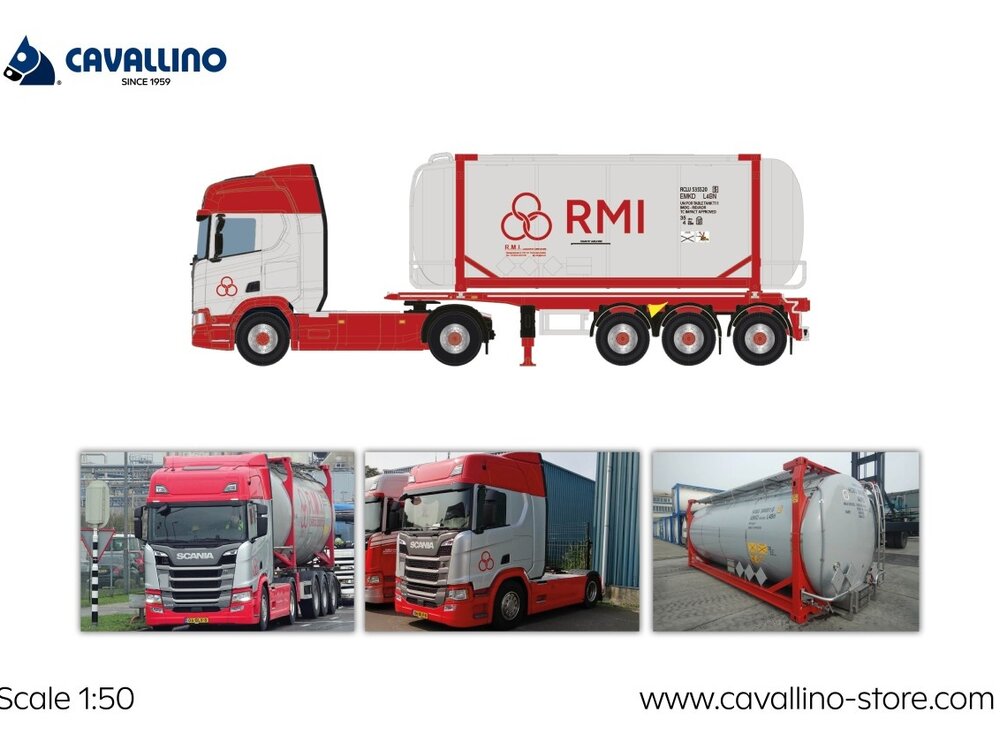 Cavallino Cavallino Scania R Highline 4x2 met 3-as container chassis + tankcontainer RMI