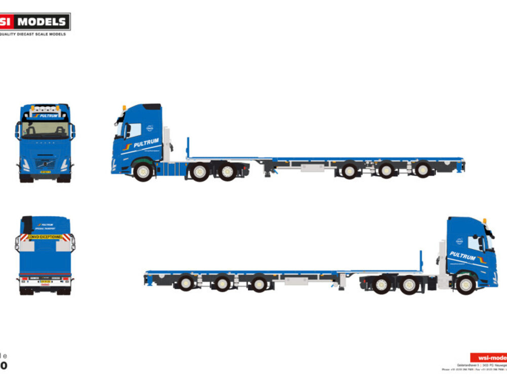 WSI WSI Volvo FH Aero Glob. XL 6x2 + 3-axle flatbed trailer PULTRUM