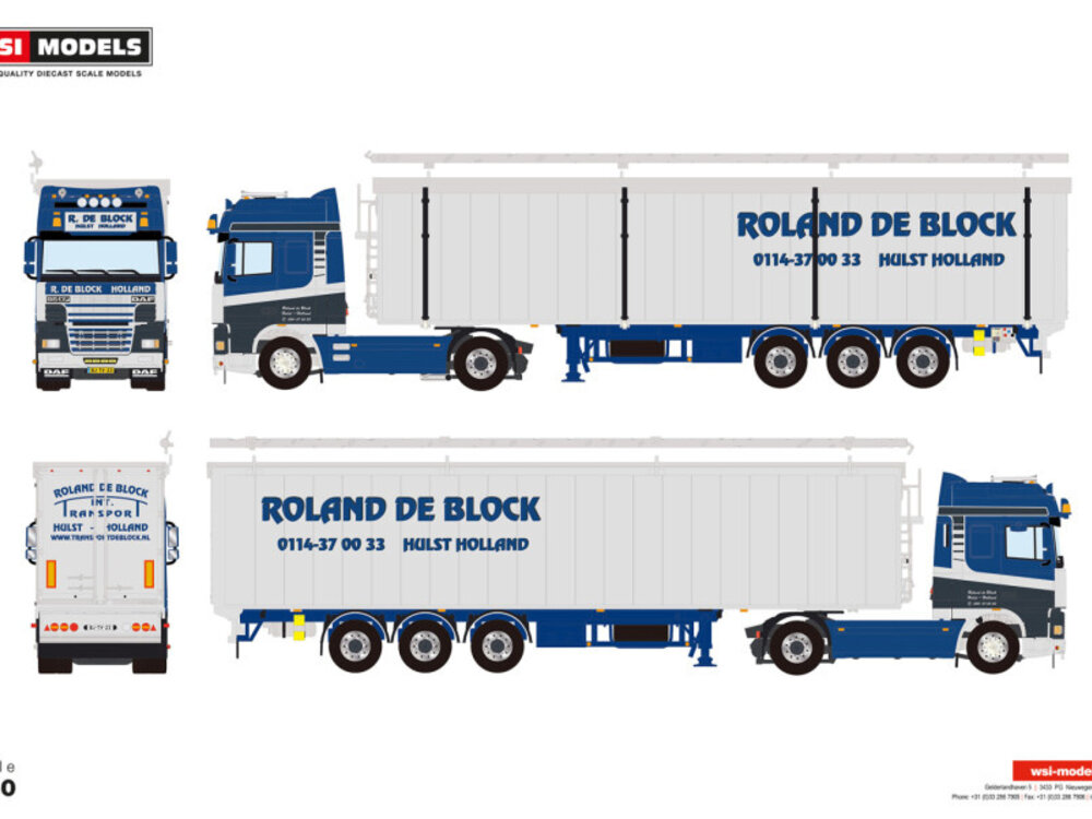 WSI WSI DAF 95XF Super Space Cab  4x2 met 3-assige volume trailer ROLAND DE BLOCK