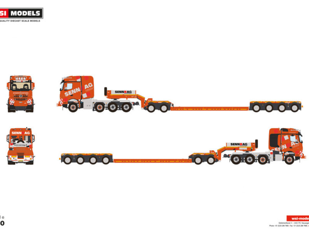 WSI WSI Mercedes-Benz Arocs MP4 2.300MM Stream Space 8x6 met 4-assige dieplader + 2-assige dolly SENN AG