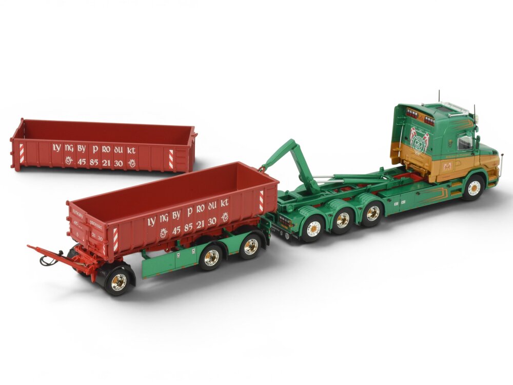 Tekno Tekno Scania Torpedo Highline 8x4 hooklift riged truck with trailer KILDEBRONDE TRANSPORT