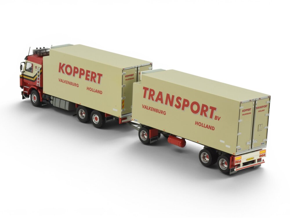 Tekno Tekno Scania 143M Topline motorwagen met 3-assige schamel aanhanger KOPPERT