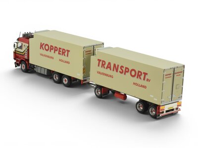 Tekno Tekno Scania 143M Topline motorwagen met 3-assige schamel aanhanger KOPPERT