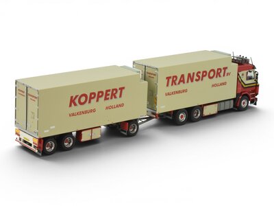 Tekno Tekno Scania 143M Topline motorwagen met 3-assige schamel aanhanger KOPPERT