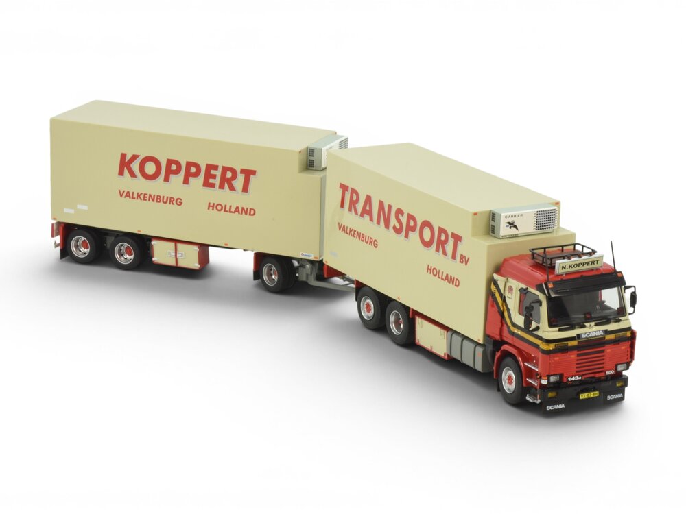 Tekno Tekno Scania 143M Topline motorwagen met 3-assige schamel aanhanger KOPPERT