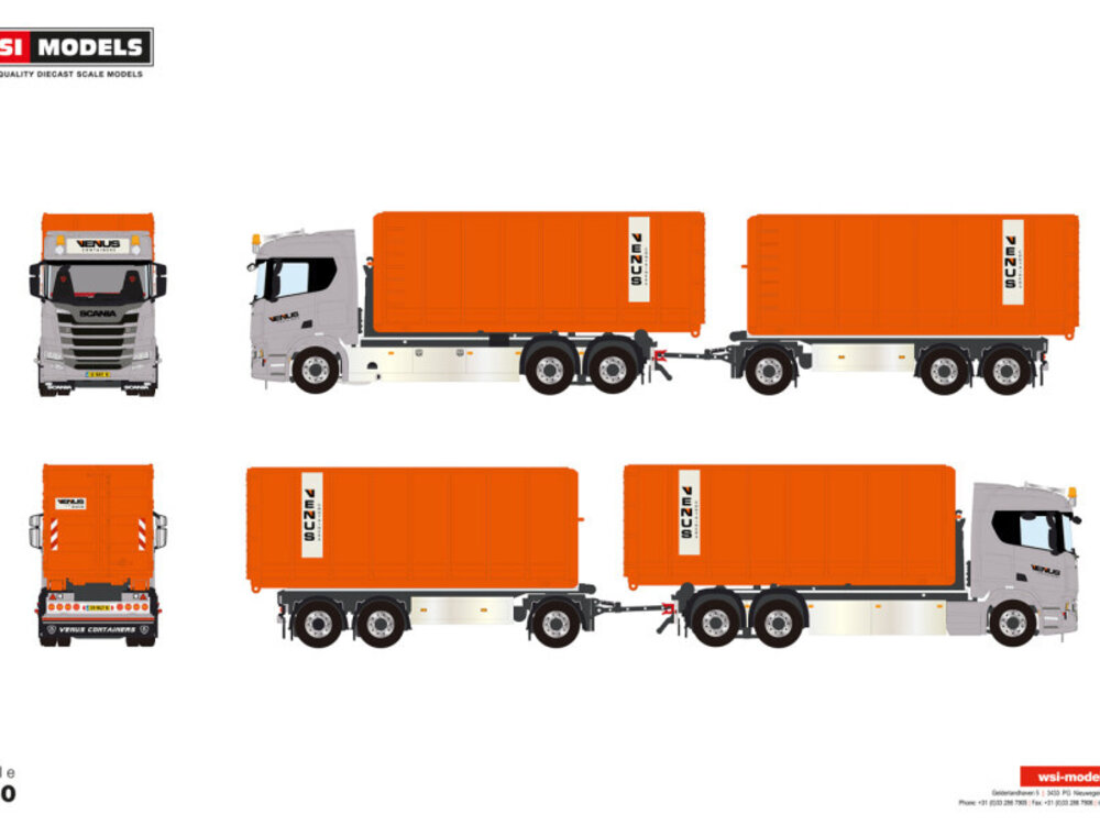 WSI WSI Scania R Normal 6x2 motorwagen met haakarm systeem met 6-assige container trailer+ 2x 40m3 container VENUS CONTAINERS B.V.