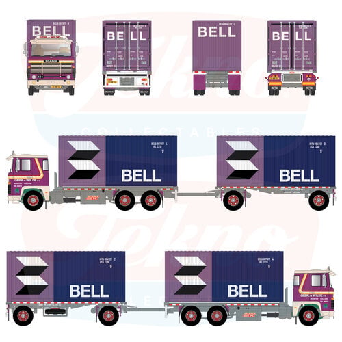 Tekno Tekno Scania 111 6x2 motorwagen & aanhanger met 2x 20ft. Bell Line container DE WILDE
