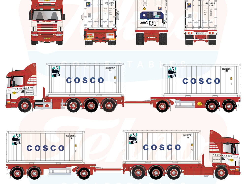 Tekno Tekno Scania 4-serie rigid truck with 3-axle trailer with 2x20ft. Cosco reefer container POST KOGEKO