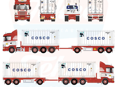 Tekno Tekno Scania 4-serie motorwagen & aanhanger met 2x20ft. Cosco reefer container POST KOGEKO