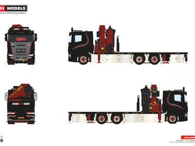 WSI WSI Scania R flat roof sleeper cab riged flatbed truck 6x2 + palfinger pk 65002SH + jib HIJSEN IN HET NAUW