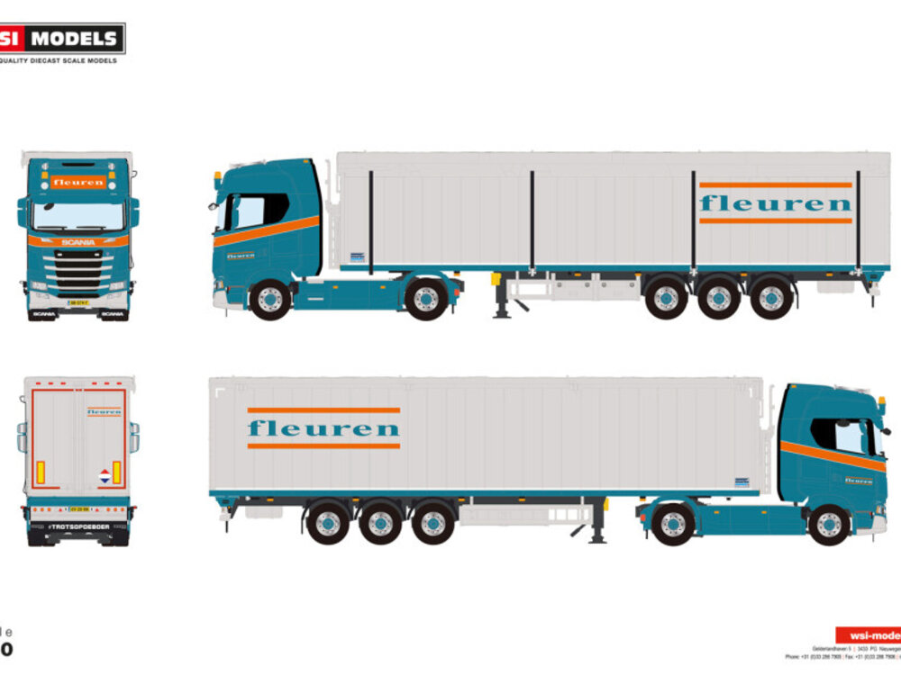 WSI WSI Scania S Highline 4x2 with 3-axle moving floor trailer FLEUREN